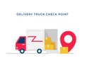 Delivery truck service with open storage box and map locator pin for package transit check point vector flat illustration concept
