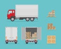 Delivery truck side and back view, and different boxes. Isolated on blue background. Warehouse Equipment, cargo delivery, storage