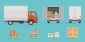 Delivery truck side and back view, and different boxes. Isolated on blue background. Warehouse Equipment, cargo delivery, storage