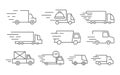 Delivery truck signs. Fast driving van. Car icons. Freight lorry transport. Cargo transit. Speed delivering service Royalty Free Stock Photo