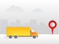 Delivery Truck Tracking Location Pin On Gray Silhouette Buildings