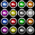 Delivery truck white icons in round glossy buttons on black background