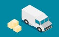 Delivery van and cardboard packaging isometric icon. Vector illustration