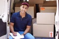 Delivery van, clipboard and portrait of man with boxes for shipping, logistics and supply chain checklist. Ecommerce Royalty Free Stock Photo