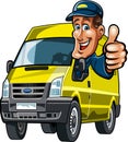 Delivery van driven by a friendly man giving thumb up