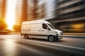 Delivery van driving at city street. Generative AI Royalty Free Stock Photo