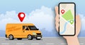 Delivery van going to deliver parcel, food, product to customer by app on blank screen smartphone tracking on a moped with a ready Royalty Free Stock Photo