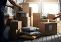 Delivery van interior filled with cardboard boxes and pillows ready for transportation Royalty Free Stock Photo