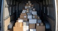 Delivery van interior filled with stacked cardboard boxes ready for shipment and transport Royalty Free Stock Photo