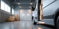 Delivery van loaded with cardboard boxes parked inside a spacious warehouse with pallets and large providing natural light Royalty Free Stock Photo