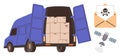 Delivery van with open doors and packages, malware email alert, and satellite communication concept Royalty Free Stock Photo