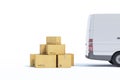 Delivery van with a paper boxes on white background