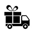 Delivery van with present in flat style on white background. Delivery truck with present box. Present sending. Gift delivery. Gift Royalty Free Stock Photo