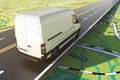 Delivery van runs along the highway on a road map. 3D Rendering