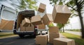 Delivery van speeding with open doors and falling cardboard boxes on a rural road trip Royalty Free Stock Photo