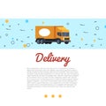 Delivery vector illustration. Cargo truck and hand lettering