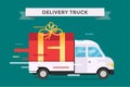 Delivery vector transport truck, van with gift box Royalty Free Stock Photo