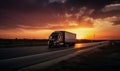 Delivery vehicle on the road. Transport logistics truck on sunset. Generative AI Royalty Free Stock Photo