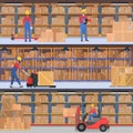 Delivery, warehouse, freight transportation company interior. Warehouse or factory workers with load equipment