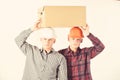 Delivery, warehouse and parcel concept. Men with serious faces