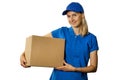 Delivery woman in blue uniform holding blank cardboard box. isolated on white background Royalty Free Stock Photo