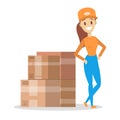Delivery woman. Courier in uniform standing at a pile