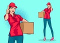 Delivery woman employee holding big box charactor