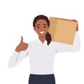 Delivery woman employee holding big box