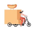 Delivery woman in medical face mask riding on bike and delivers hot dogs vector flat illustration. Royalty Free Stock Photo
