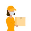 Delivery woman with a parcel in her hands in face mask