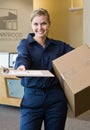 Delivery woman presenting shipping receipt