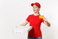 Delivery woman in red uniform isolated on white background. Female in cap, t-shirt, jeans working as courier holding