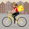 Delivery woman riding on a bicycle with bacpack with a cityscape behind Royalty Free Stock Photo