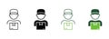 Delivery Worker Holding Parcel Box in Hand Silhouette and Line Icon. Postman Guy in Uniform Cap Pictogram. Shipment Man