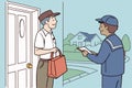Delivery worker presenting a package to a customer at the front door of a suburban home during daylight Royalty Free Stock Photo