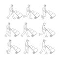 Delivery Worker Pushing Hand Cart Walk Sequence Drawing