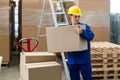 Delivery worker unloading cardboard boxes from pallet jack Royalty Free Stock Photo