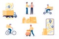 Delivery workers. Courier characters team. Order shipping application. Cardboard boxes stack. Smartphone map navigation