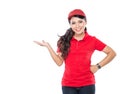 Delivery young asian woman presenting Royalty Free Stock Photo