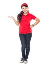 Delivery young asian woman presenting Royalty Free Stock Photo