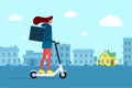 Delivery young female courier riding electric scooter with package product box. Fast shipping service concept on city Royalty Free Stock Photo