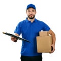 Deliveryman with boxes and clipboard isolated on white Royalty Free Stock Photo