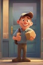 Deliveryman cartoon character smiling and holding box, drawing of happy courier carrying box in front of a house