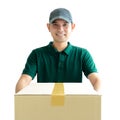 Deliveryman giving a cardboard parcel box