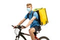 Deliveryman isolated on white studio background. Contacless delivery service during quarantine. Royalty Free Stock Photo