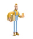 3d illustration. Cartoon character. Deliveryman in overalls holds a box with a parcel and order form in his hands.