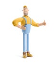 3d illustration. Cartoon character. Deliveryman in overalls holds thumb up.