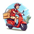 Deliveryman runs fast with the scooter to deliver pizza. Generative AI Royalty Free Stock Photo