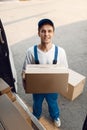 Deliveryman unloads the car with parcels, delivery