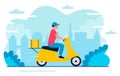 Deliveryman vector illustration, cartoon flat fast courier, postman character driving scooter, delivering package box in